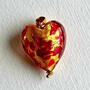 Gold & Red Swirled 14k Murano Glass Heart Charm